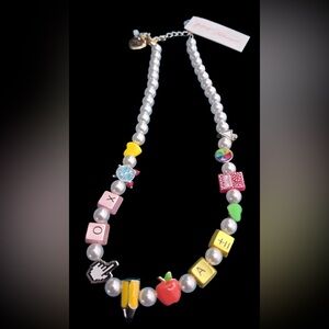BETSEY JOHNSON Back to School Faux Pearls Multiple Charm Necklace Viral NEW NWT